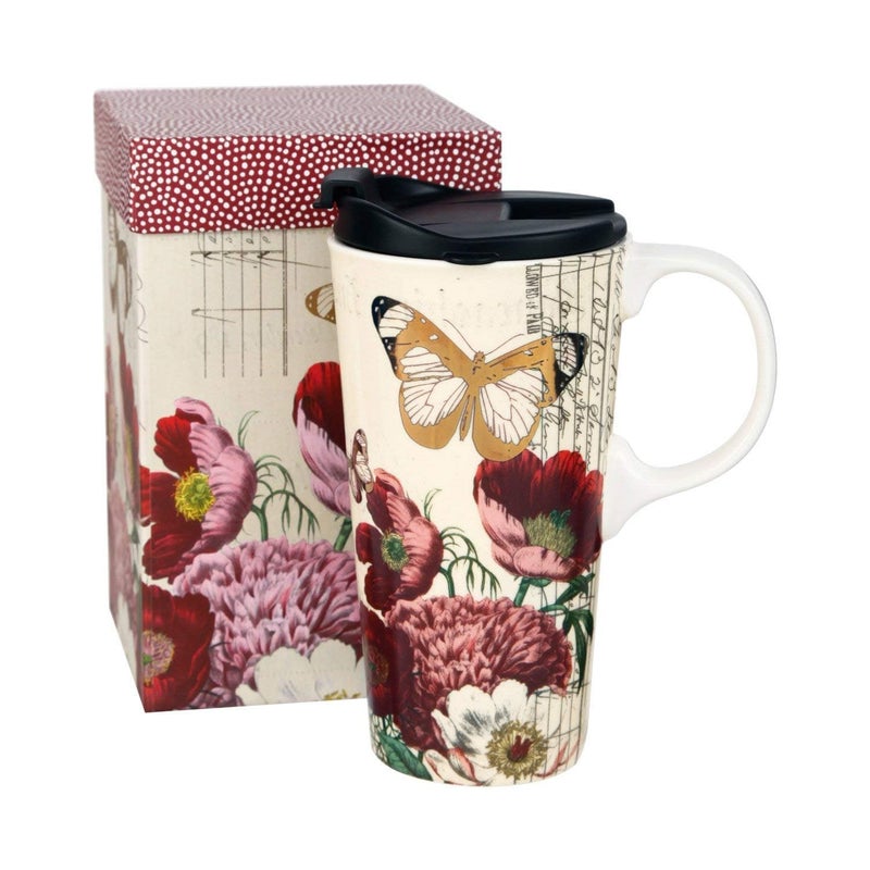 Topadorn 17 OZ Ceramic Coffee Mug Travel Cup with Lid and Gift Box, Red Flower and Butterfly - Image 1